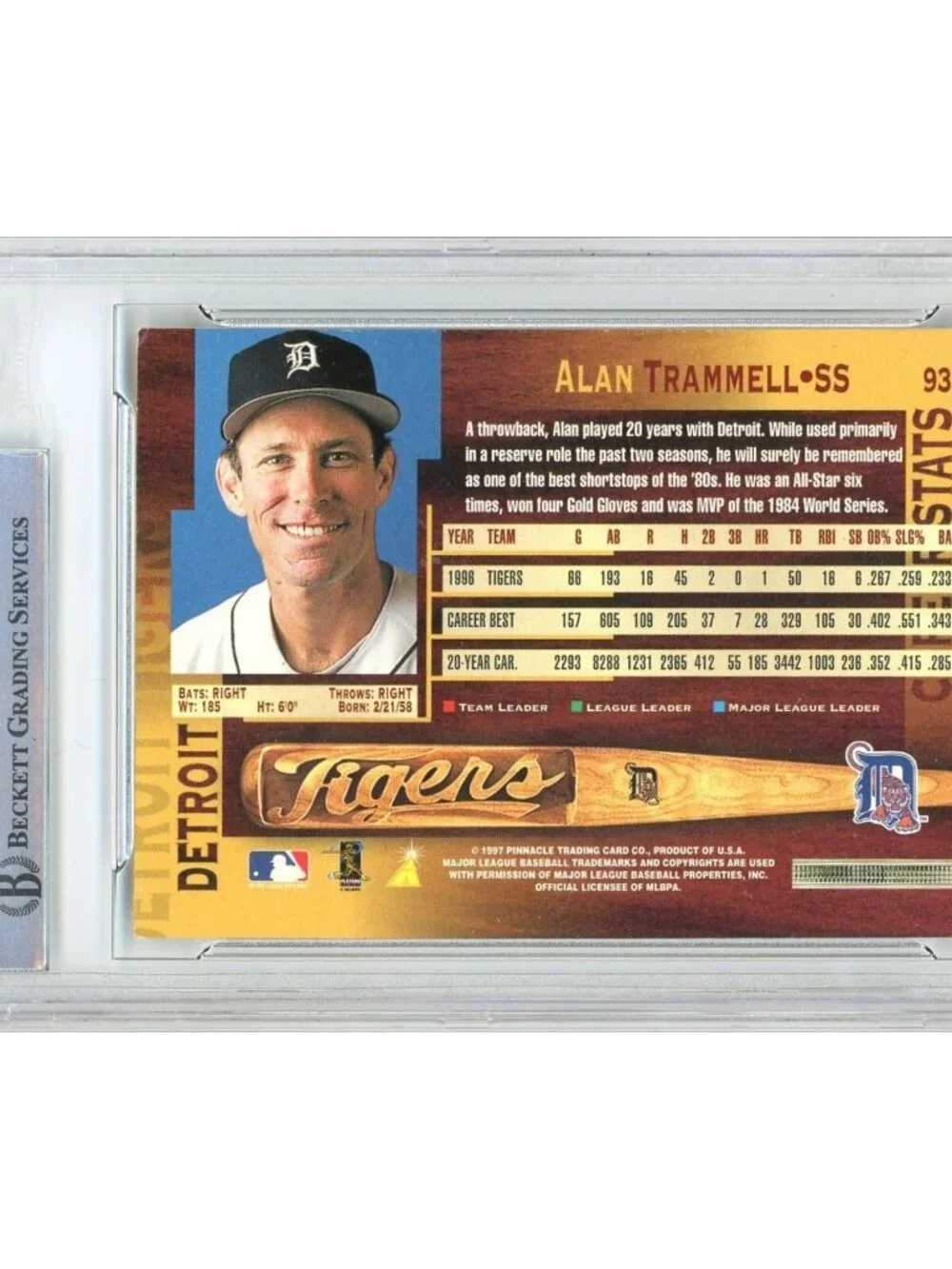 Alan Trammell Signed 1997 Pinnacle #93 Detroit Tigers Baseball Card BAS Slab